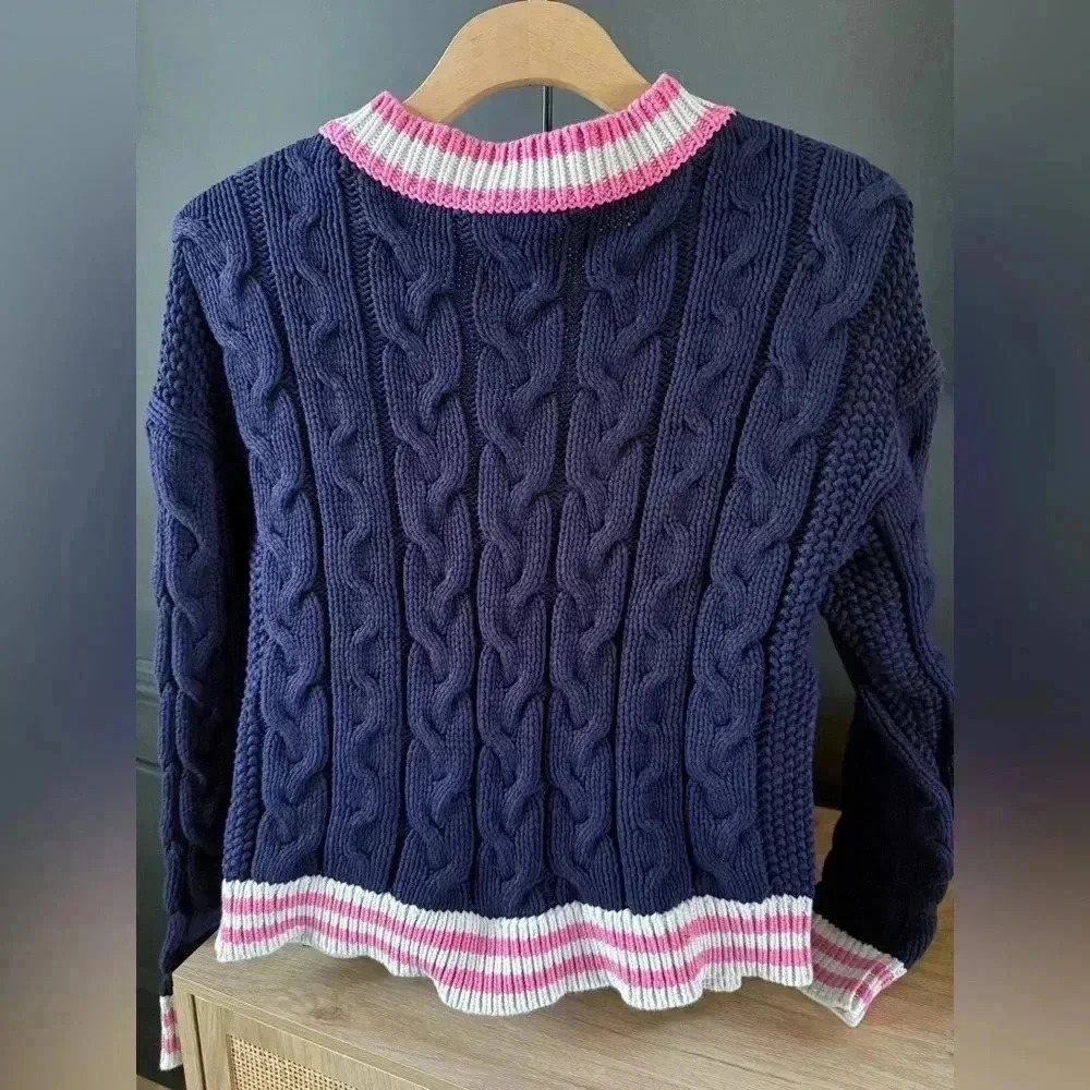NWT • Anthropologie Maeve Varsity Cable Knit Cardigan Sweater Navy/Pink Small - Picture 6 of 9